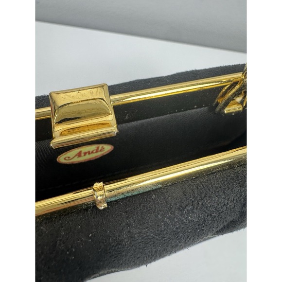 Vtg 1960s Ande Black Fabric Evening Bag Gold Frame Top Handle Clutch - Picture 10 of 16